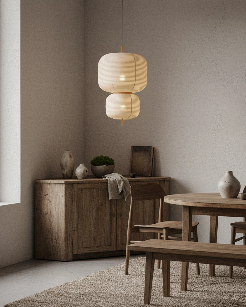 Two Komorebi stacked rice paper pendant lights in casual small dining area with rustic japandi home styling and warm light