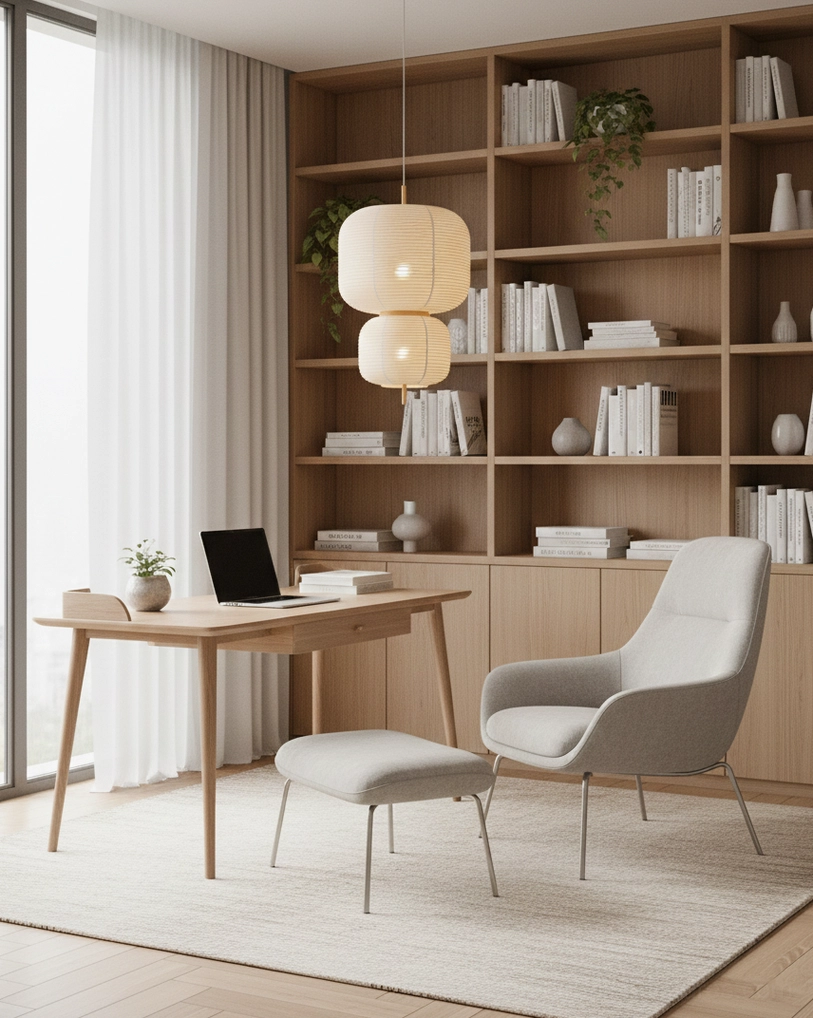 Double stacked Komorebi rice paper pendant lights in home office study room with cozy japandi aesthetic workspace