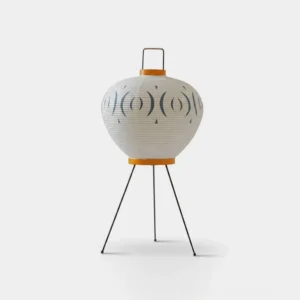 Komori Japanese rice paper table lamp with ribbed bamboo frame and black tripod base, unlit studio view