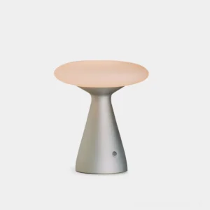 Konos minimalist mushroom table lamp with matte silver aluminum base and frosted white glass diffuser - front view on white studio background