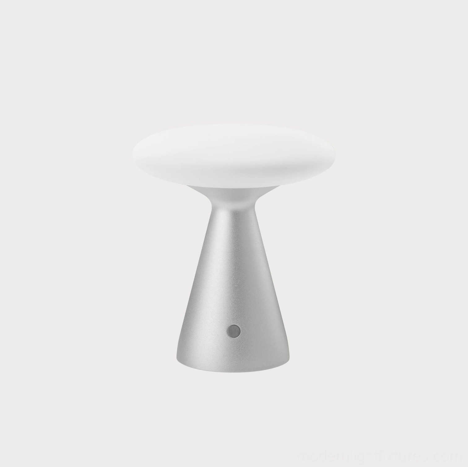 Konos mushroom-shaped table lamp aluminum base and frosted glass diffuser - detail shot of minimalist design construction