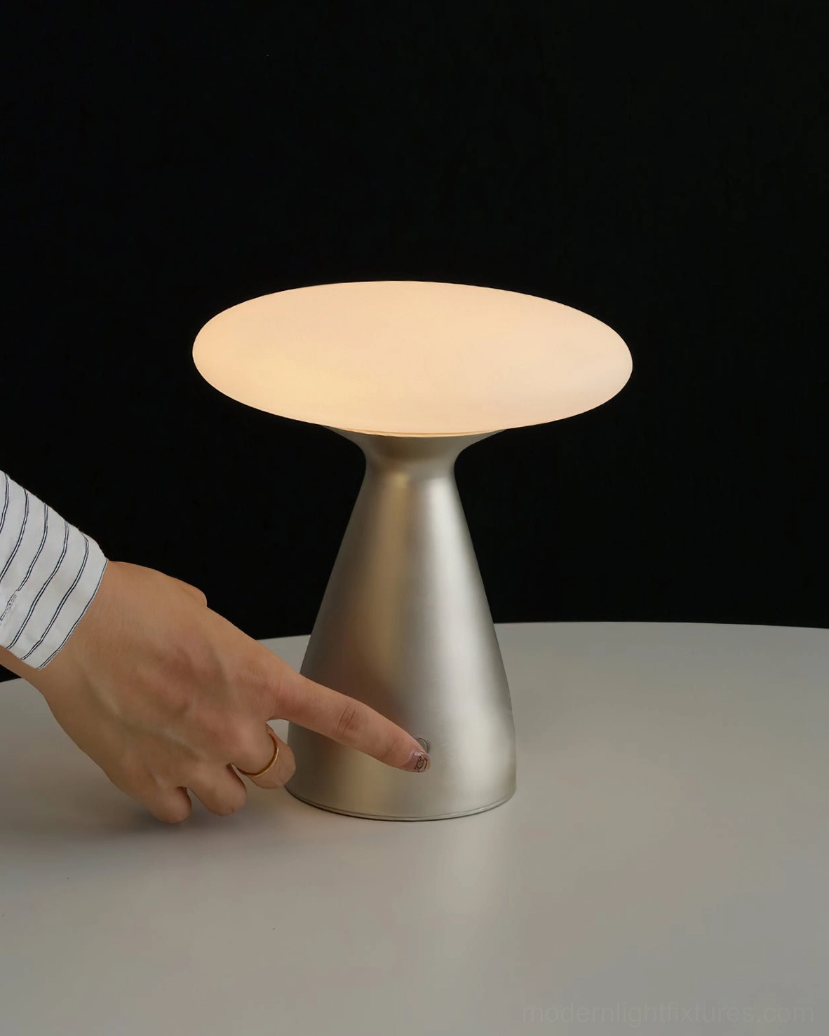 Konos contemporary table lamp in Nickel finish on home office workspace - modern minimalist desk lighting