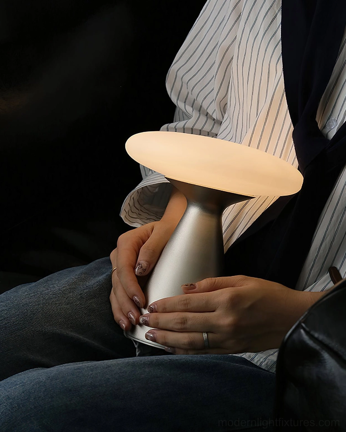 Konos modern table lamp White finish on nightstand - soft diffused ambient lighting for bedroom interior