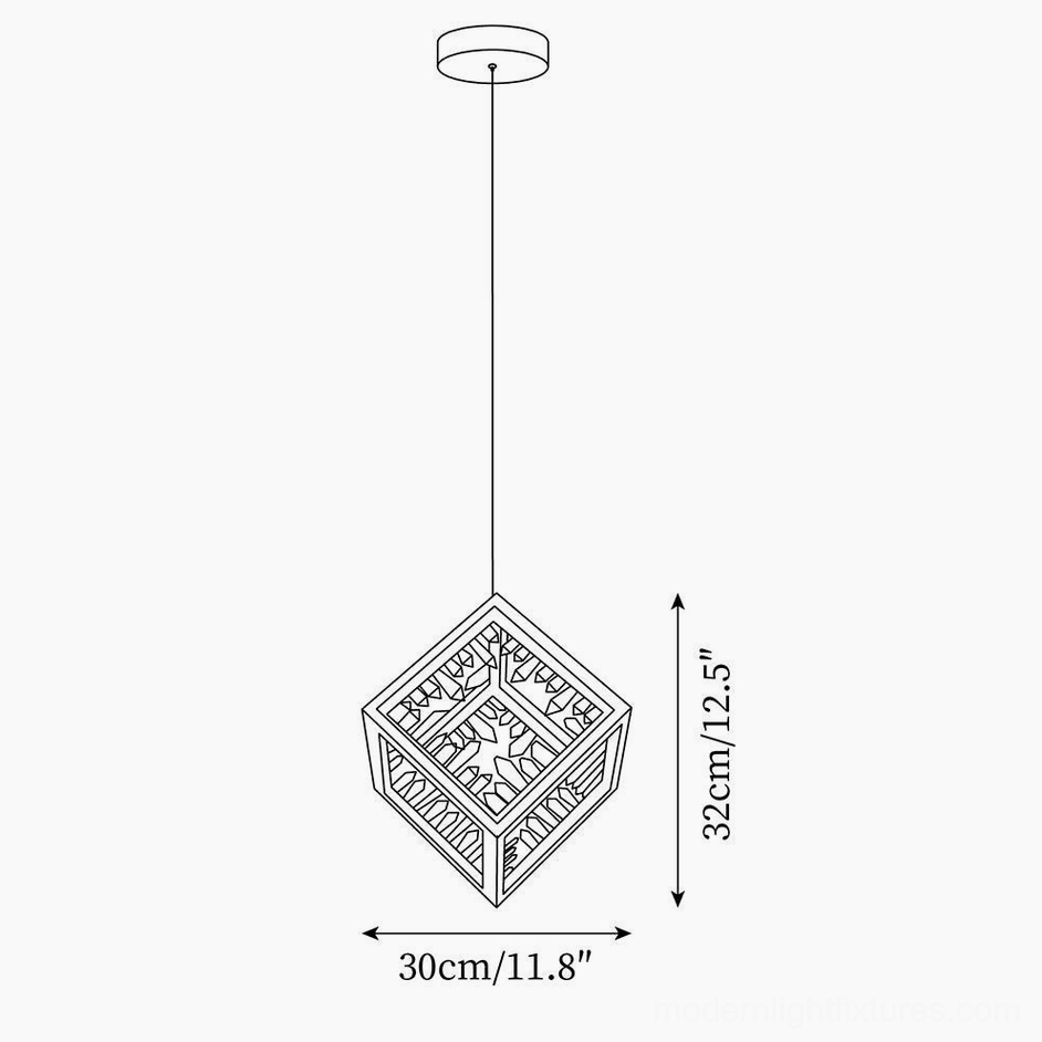Technical specification drawing of gold crystal cube pendant light dimensions and measurements
