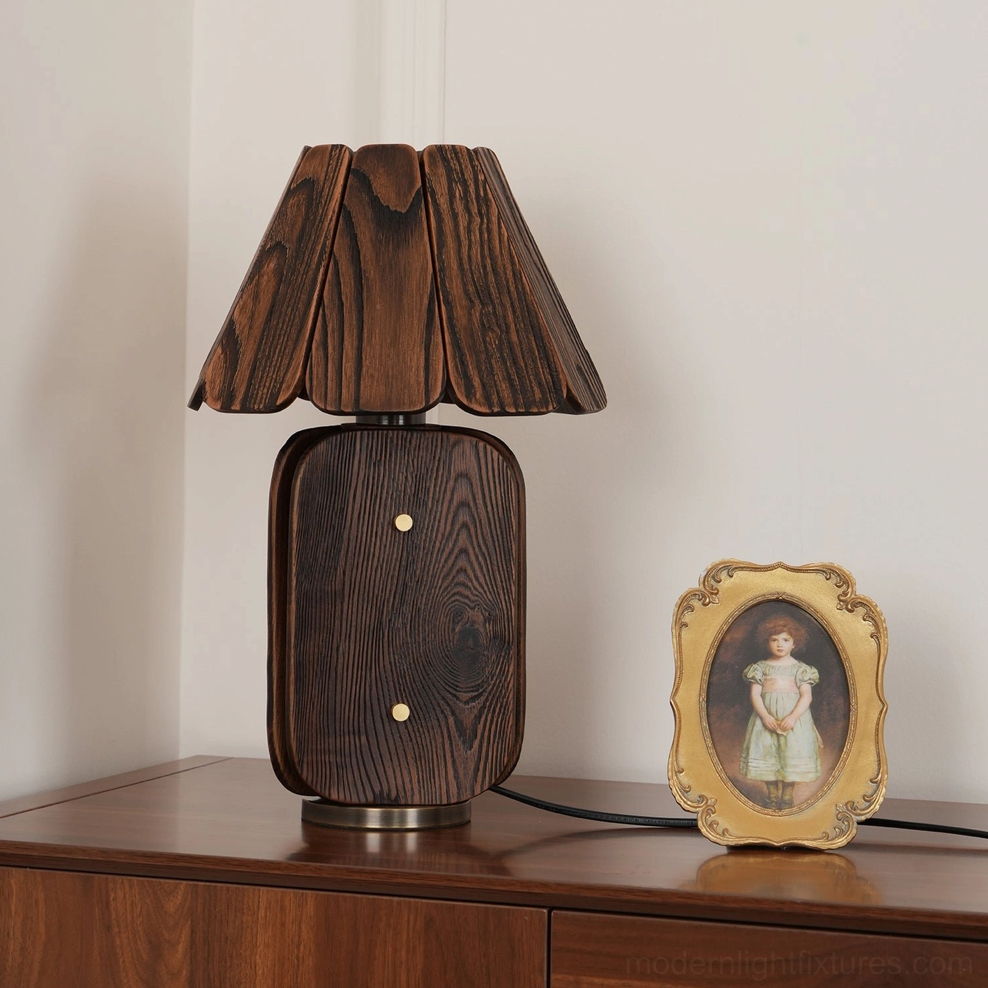 Kubec wooden table lamp front view with dark wood finish and metal accent fasteners