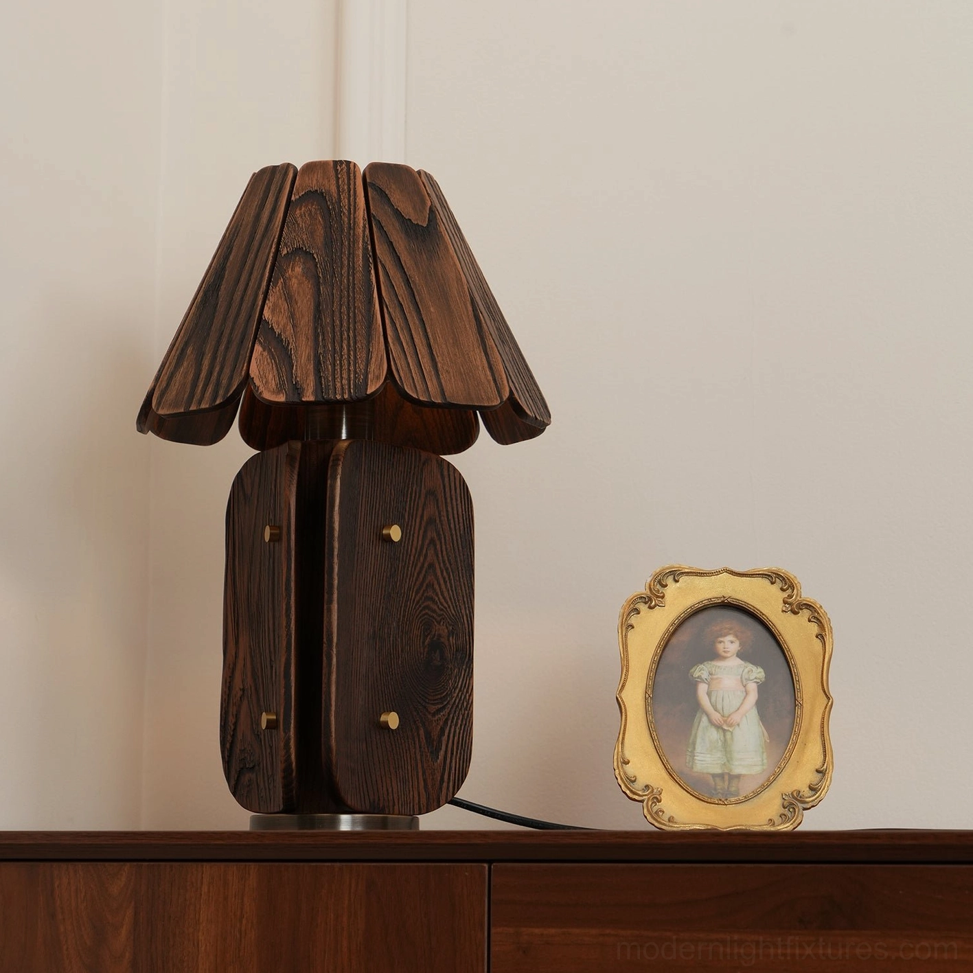 Kubec wooden table lamp in japandi fusion interior design aesthetic setting