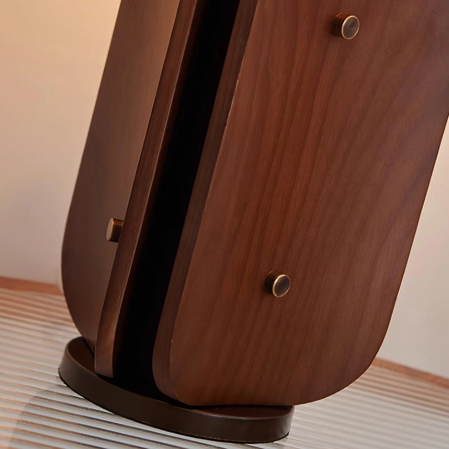 Kubec wooden table lamp detail showing metal fasteners and wood joinery craftsmanship