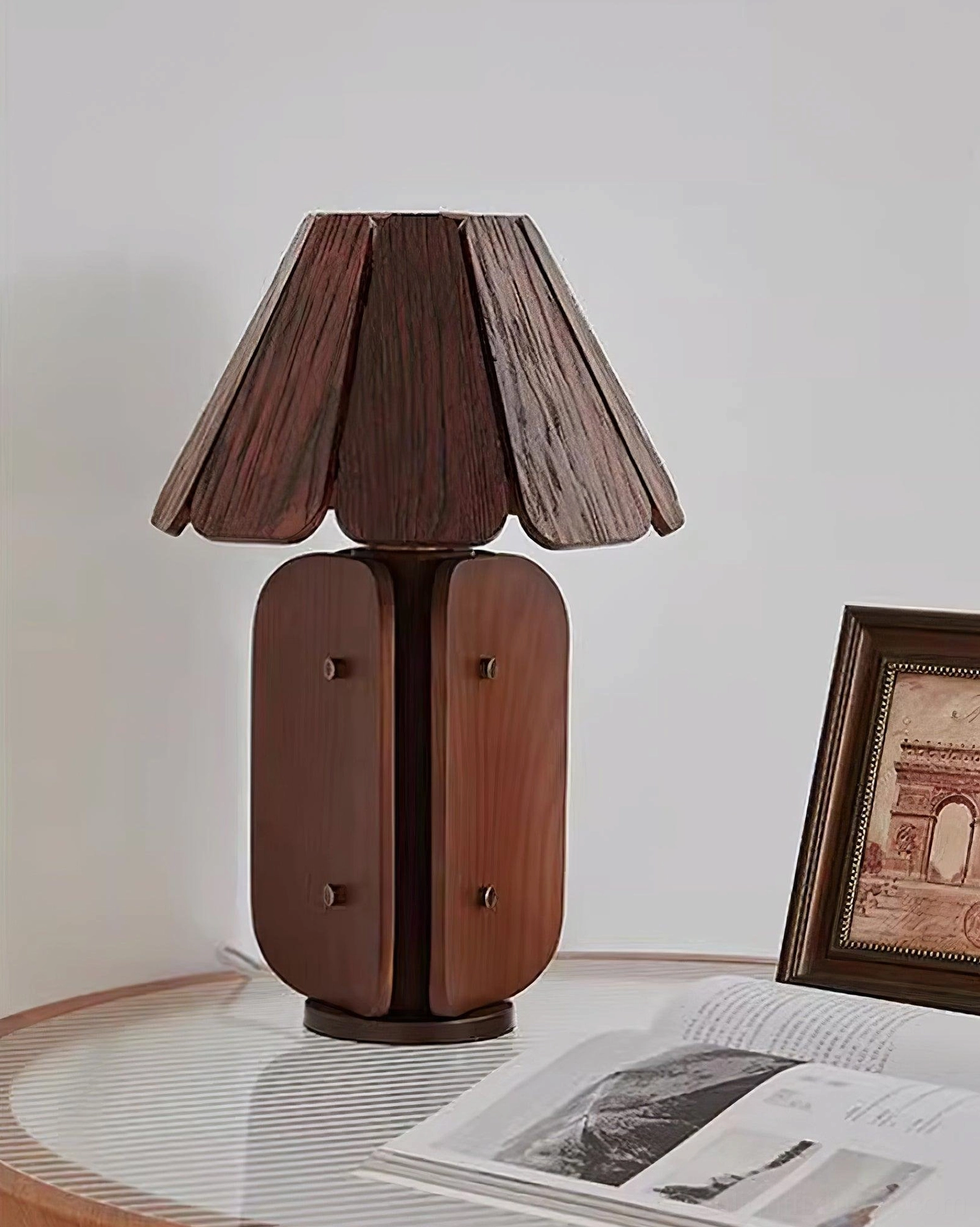 Kubec table lamp in mid-century modern interior setting with period furniture
