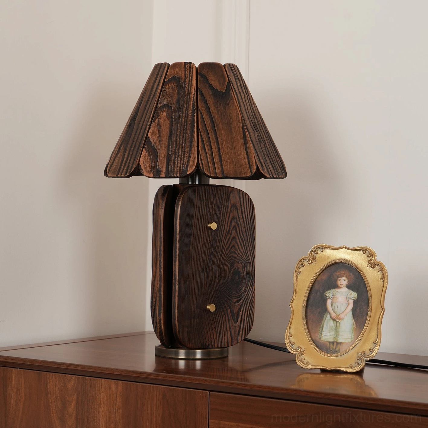 Kubec wood table lamp showing push-button switch and power cord specifications