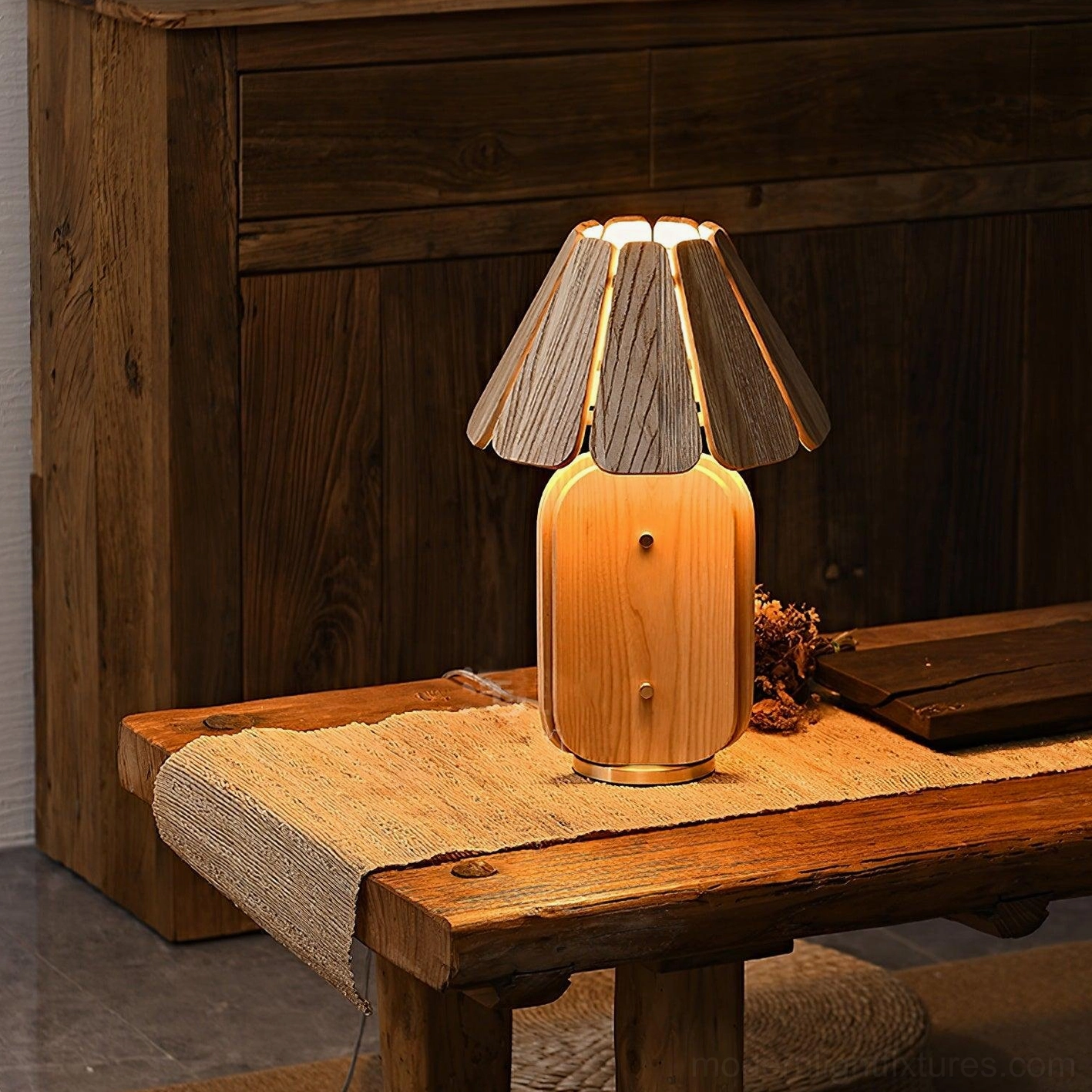 Kubec table lamp detailed view showing wood slat construction and warm light diffusion