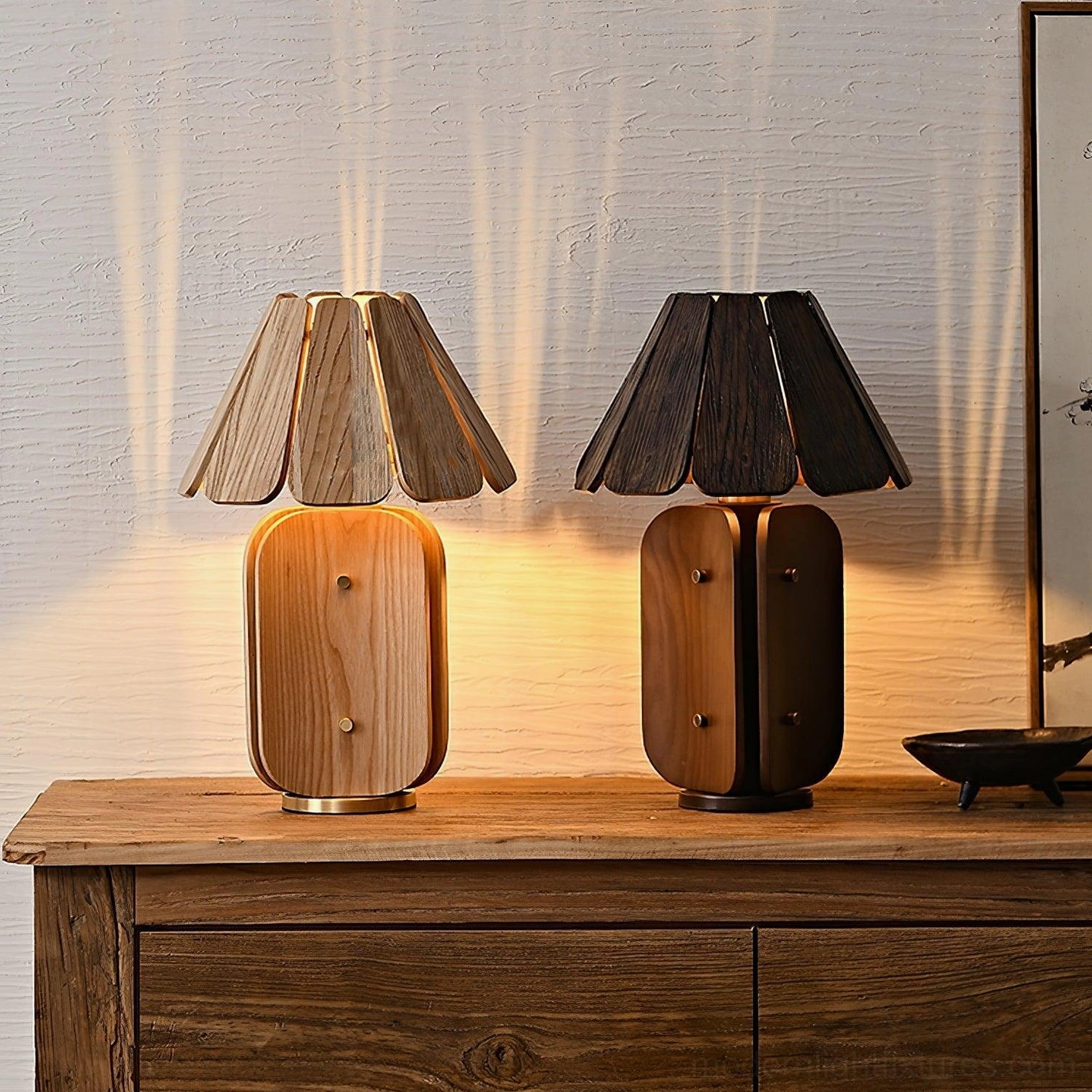 Kubec wooden table lamp in natural wood color finish on interior side table