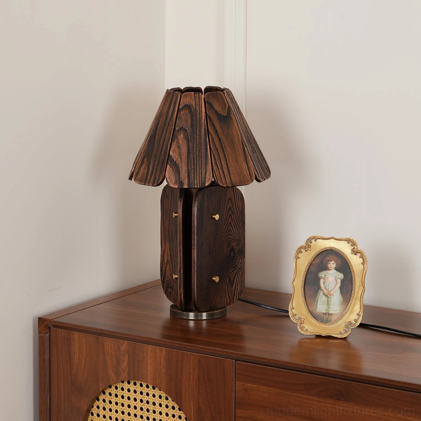 Kubec lamp rear view showing power cord and ash wood craftsmanship details