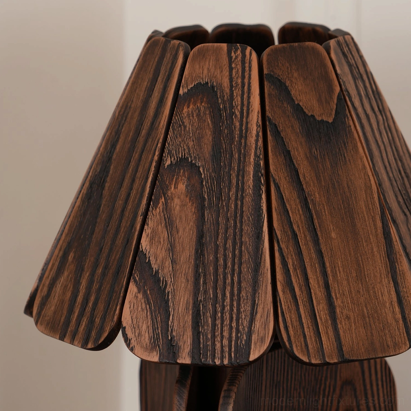 Kubec wooden lamp positioned on dining room buffet for accent lighting effect
