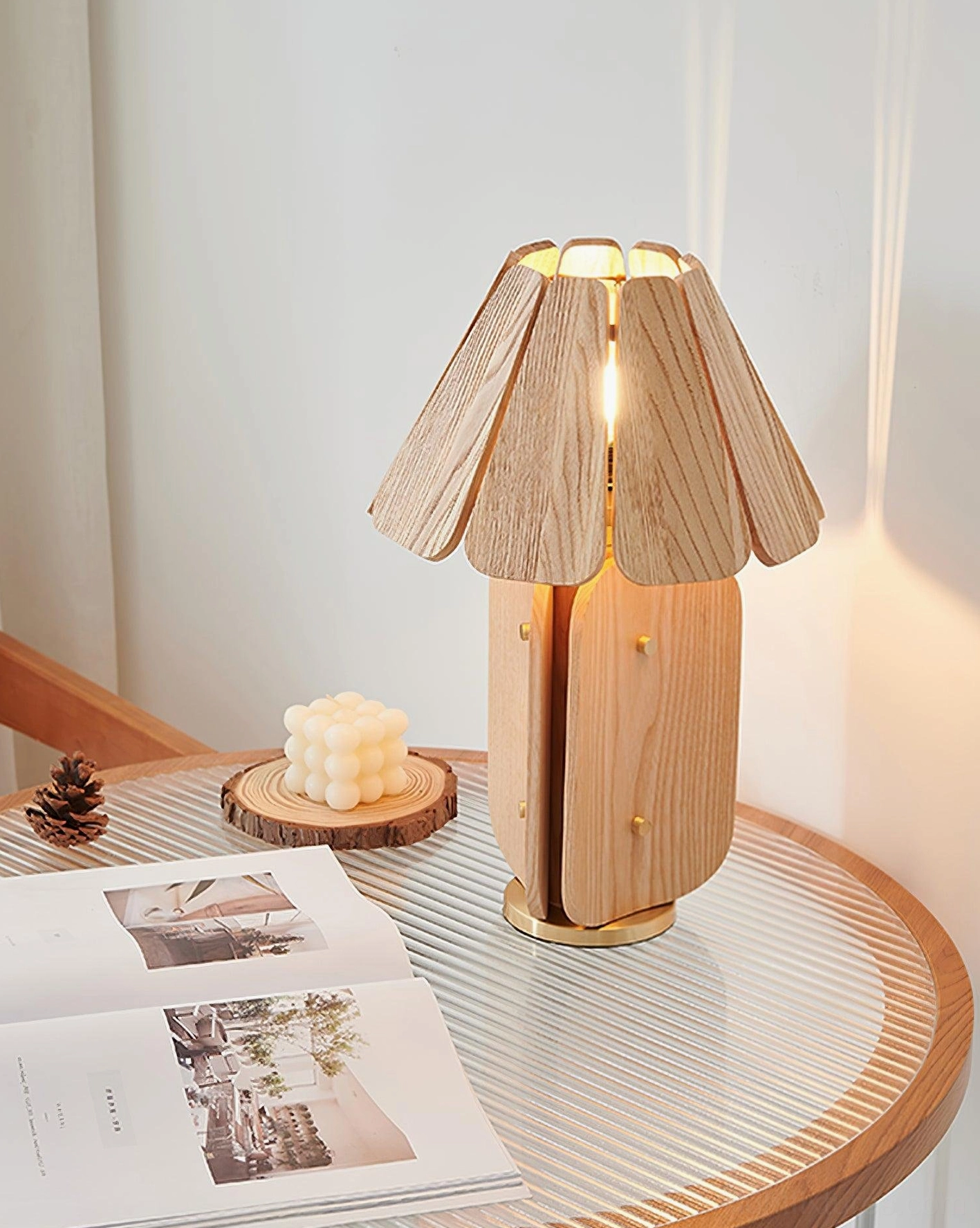 Kubec wooden lamp creating ambient lighting in modern bedroom corner setting