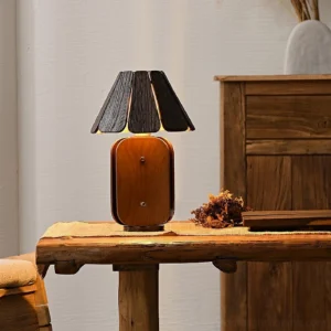 Kubec ash wood table lamp three-quarter perspective showing dark wood finish and slatted design