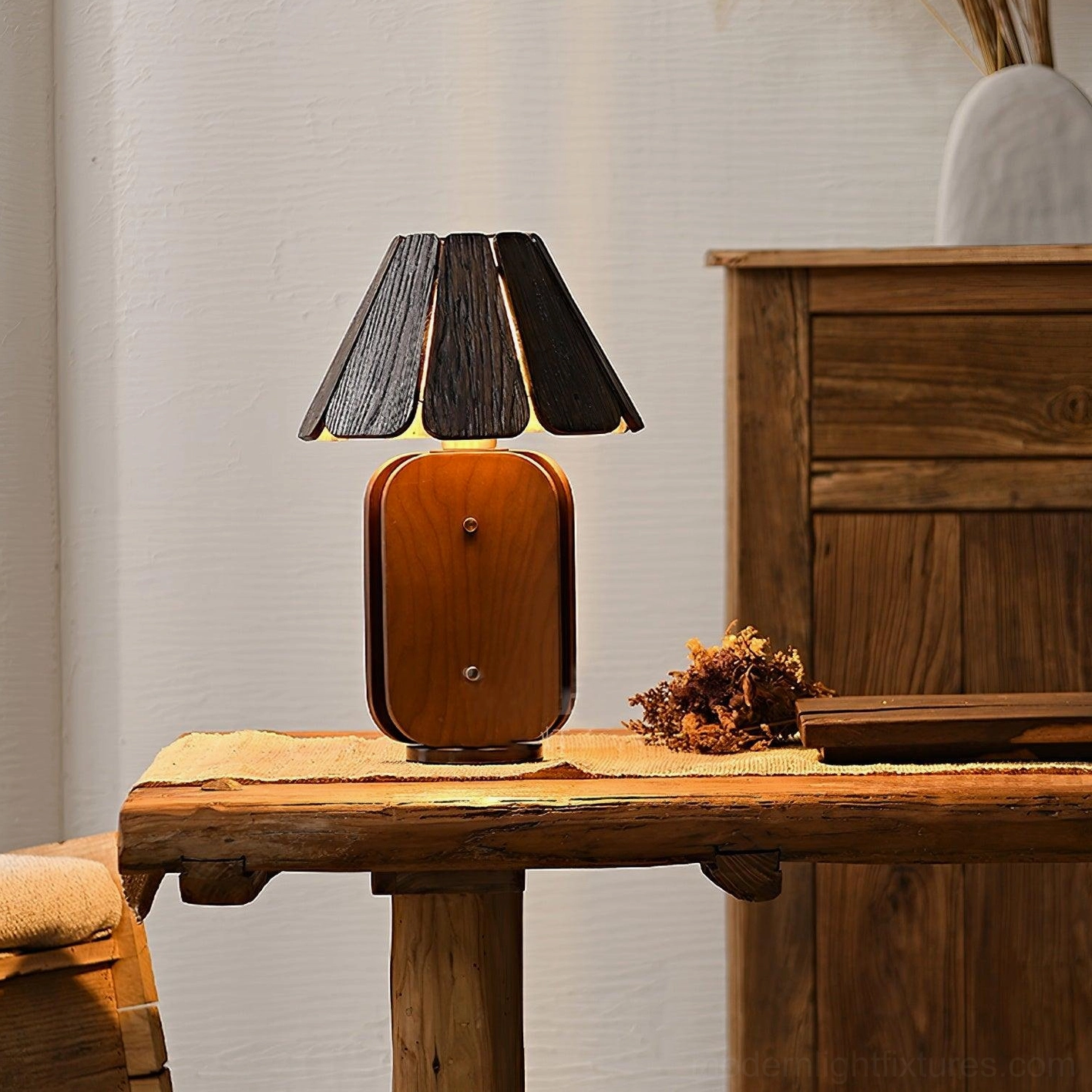 Kubec ash wood table lamp three-quarter perspective showing dark wood finish and slatted design