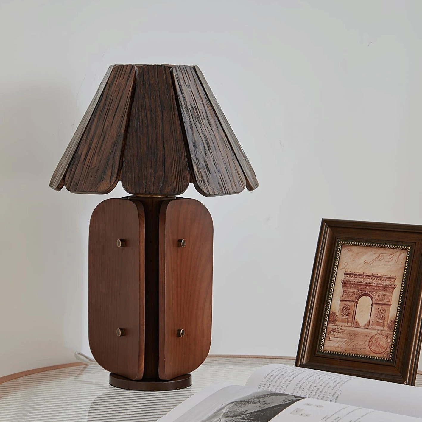 Kubec wooden table lamp full view displaying warm glow and natural wood tone finish