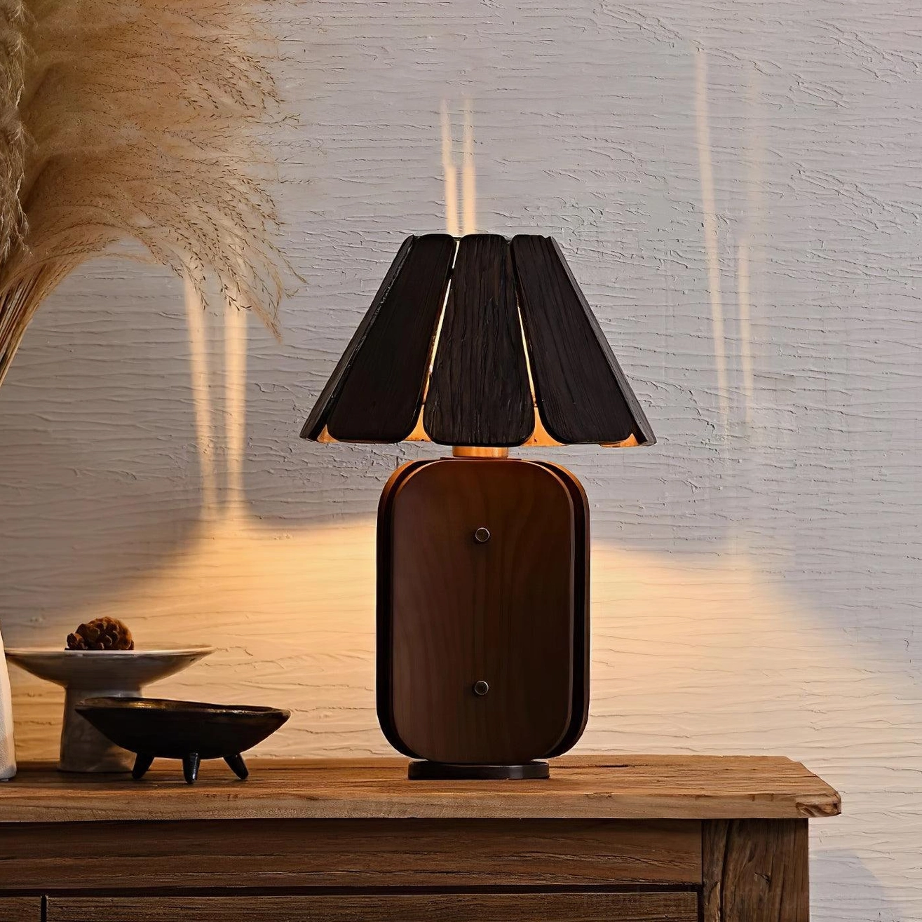 Kubec walnut color finish table lamp showing dark wood aesthetic and base construction