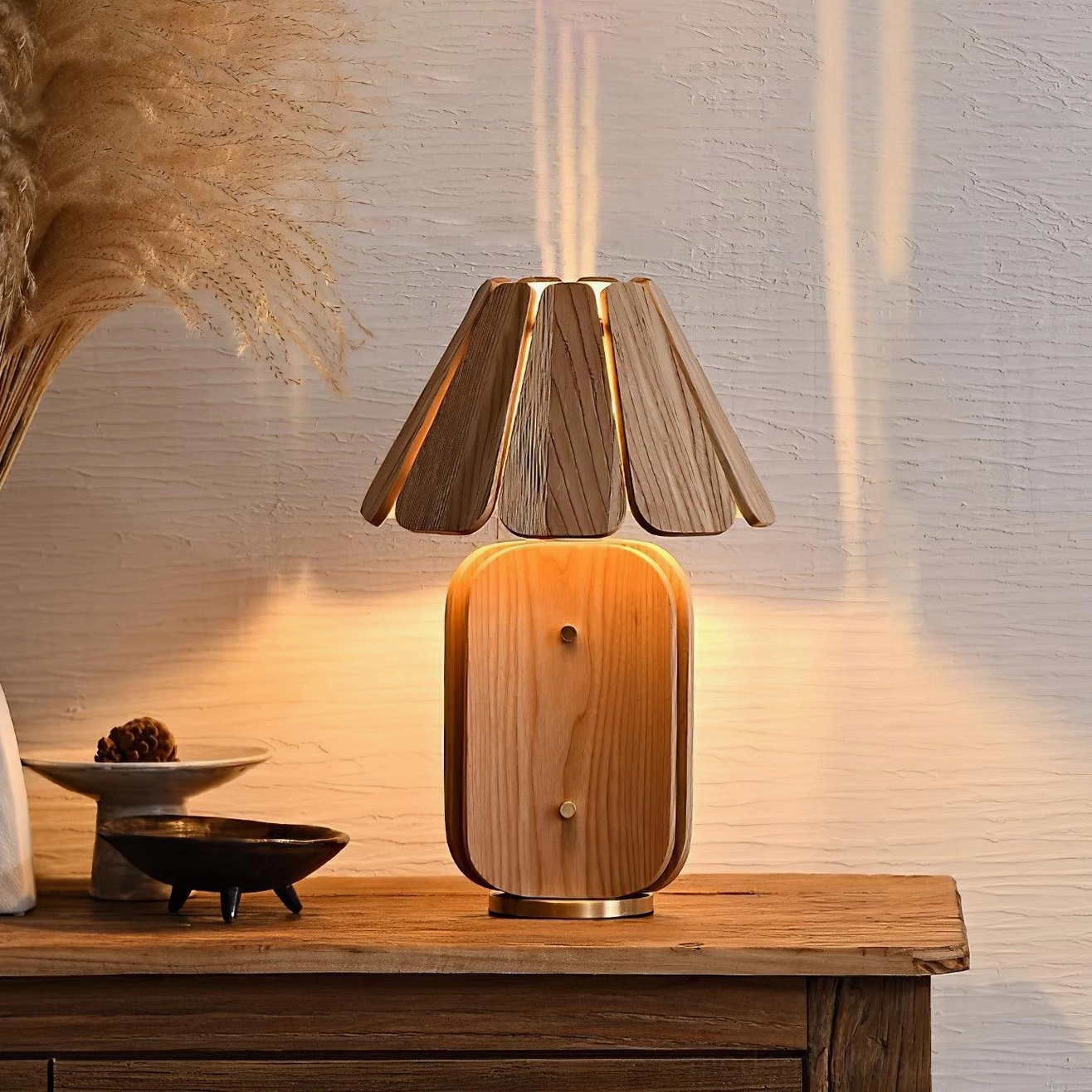 Kubec wood color finish table lamp detailed front perspective view
