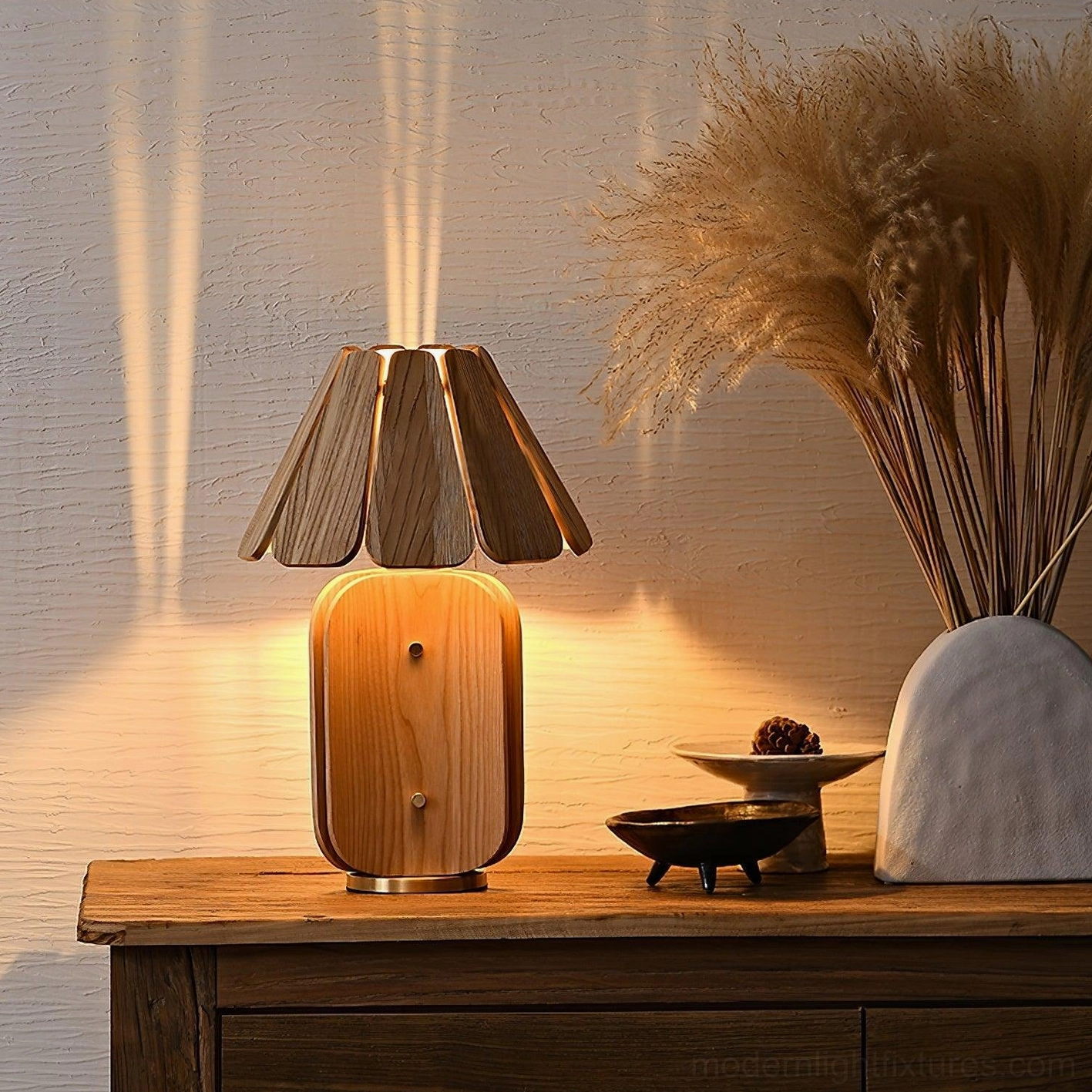 Kubec wooden lamp illuminated on bedroom dresser with warm ambient lighting effect
