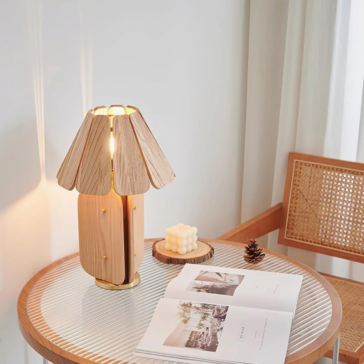 Kubec wooden lamp showing natural material patina and wood grain character