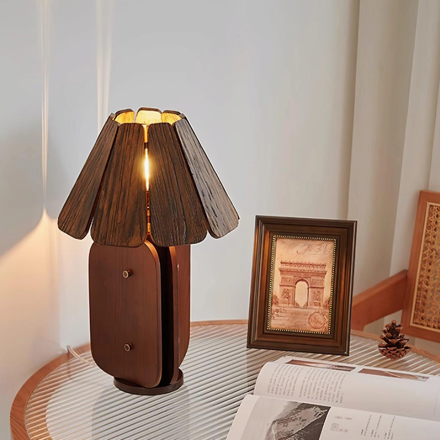 Kubec table lamp three-quarter view showing wood base structure and slatted shade design