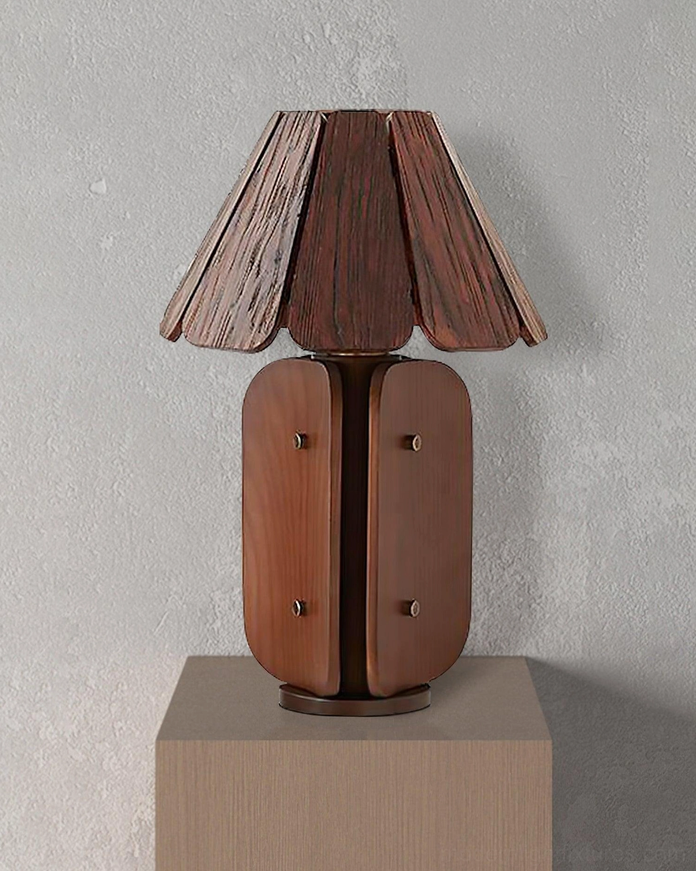 Kubec slatted wood table lamp front full view on minimalist concrete background