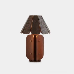 Kubec wood slatted table lamp front view with split wood veneer shade on white background