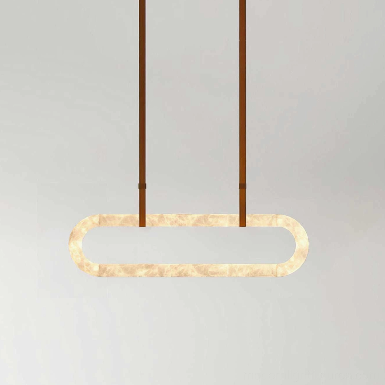 Contemporary alabaster hand-carved pendant lighting fixture with brown leather straps and sculptural minimalist oval ring design
