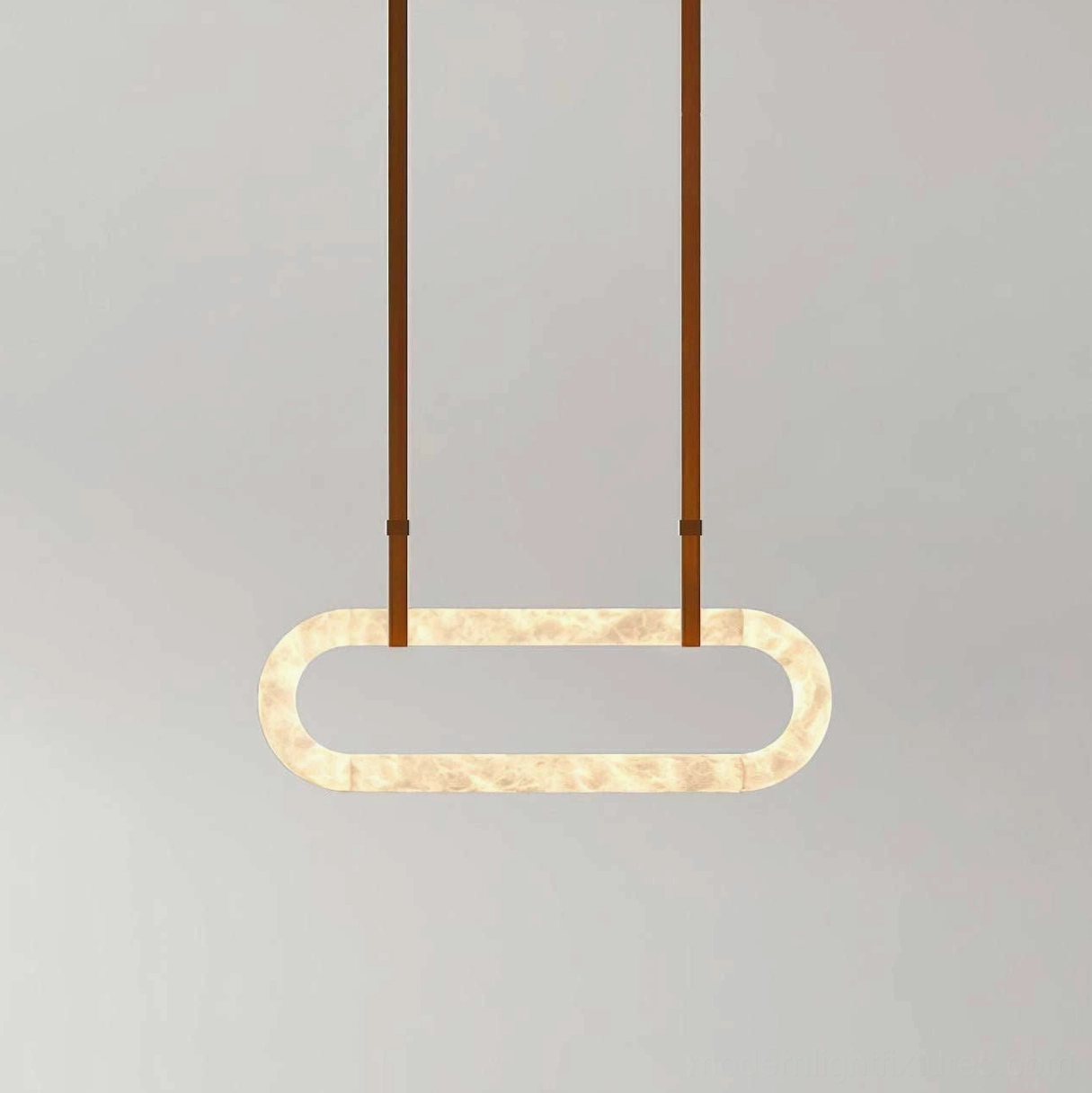 Hand-carved alabaster oval pendant chandelier with dark brown leather straps and integrated LED warm ambient lighting