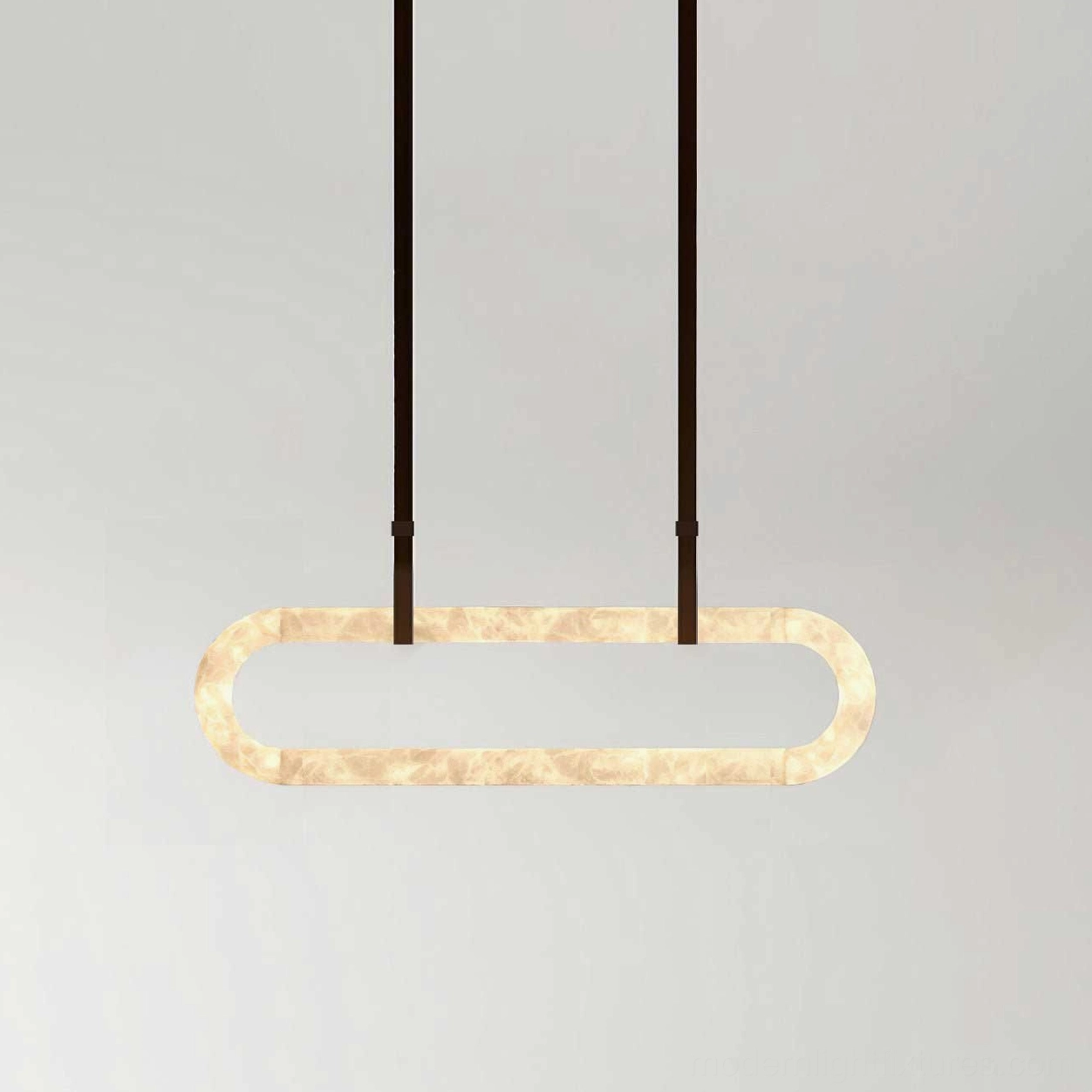 Modern alabaster oval pendant chandelier with dark brown leather suspension straps and warm 3000K color temperature lighting