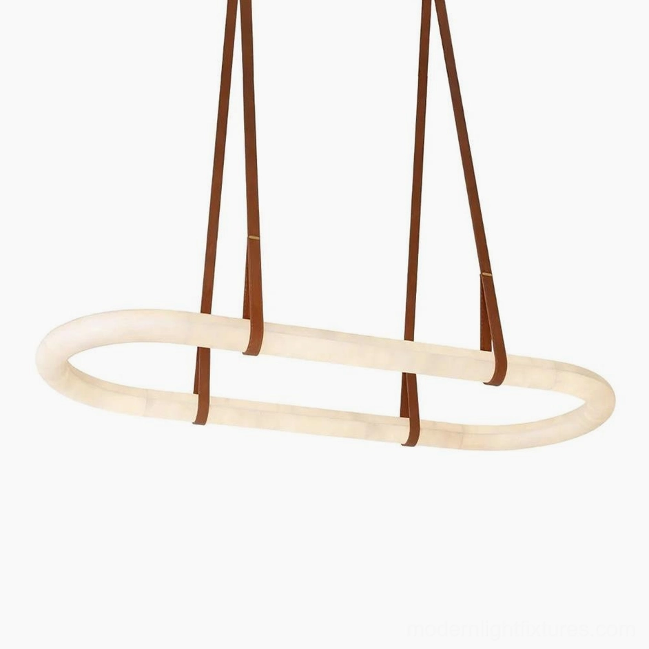 Oval alabaster pendant chandelier front direct view against white background showcasing hand-carved stone and brown leather suspension