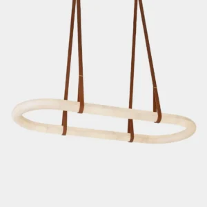 Kurve alabaster oval pendant chandelier with brown leather straps, front view on white background displaying minimalist modern design
