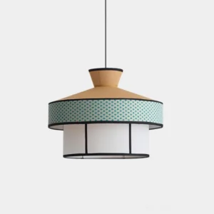 Kyora Japanese-inspired pendant light with green patterned trim and white fabric shade, front view showing layered design