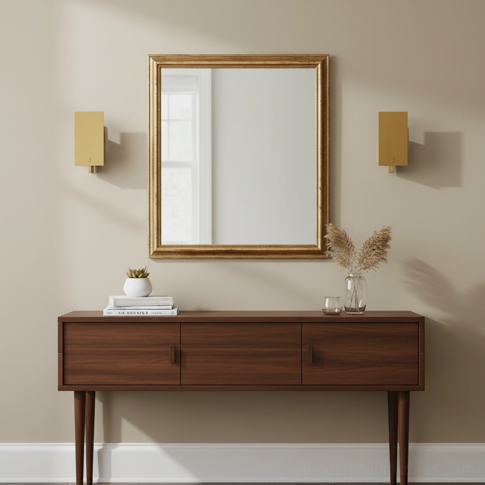 Twin Kyren wall sconces mounted symmetrically beside gold-framed mirror in modern entryway console space