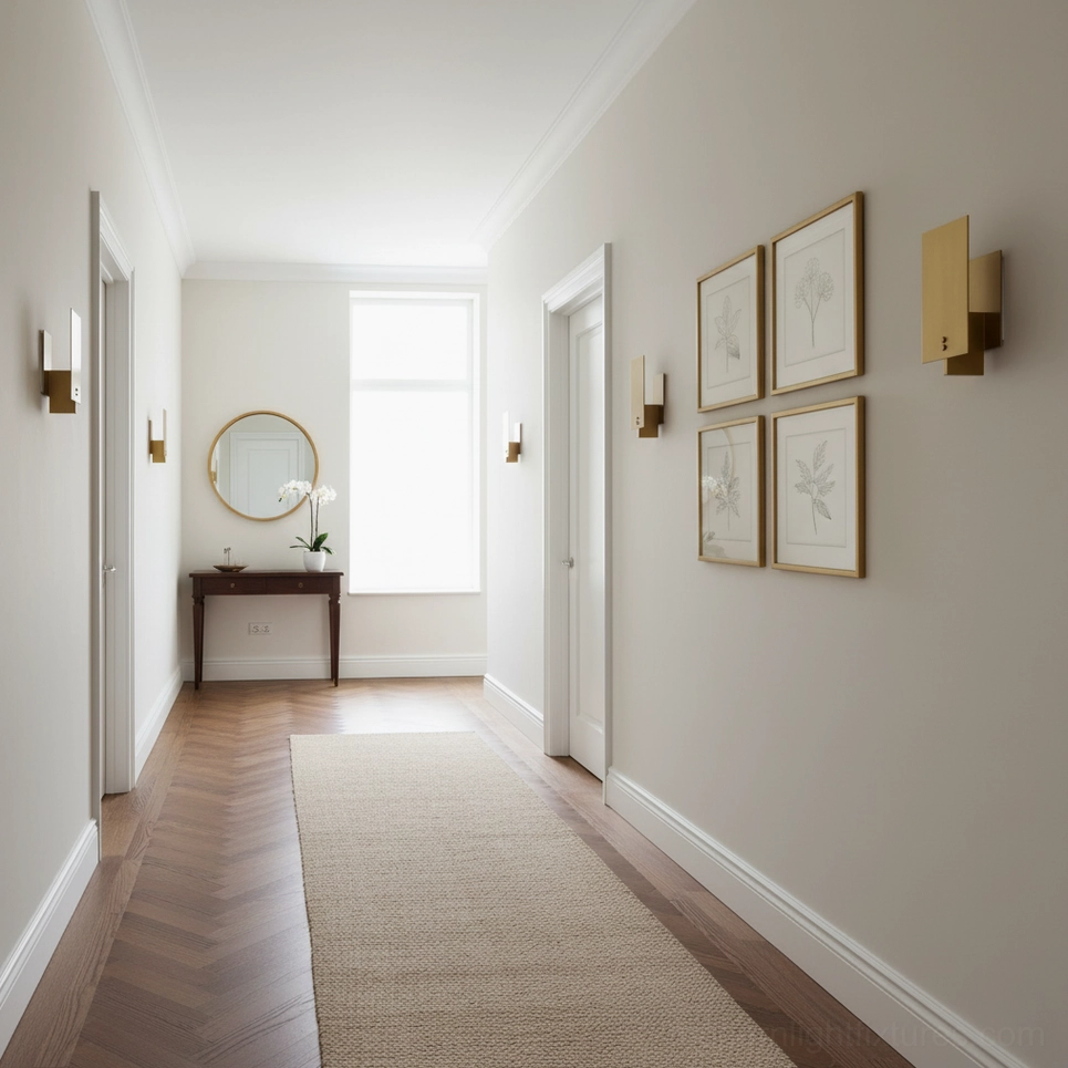 Kyren brass wall sconce gold finish showing warm glow illumination architectural detail
