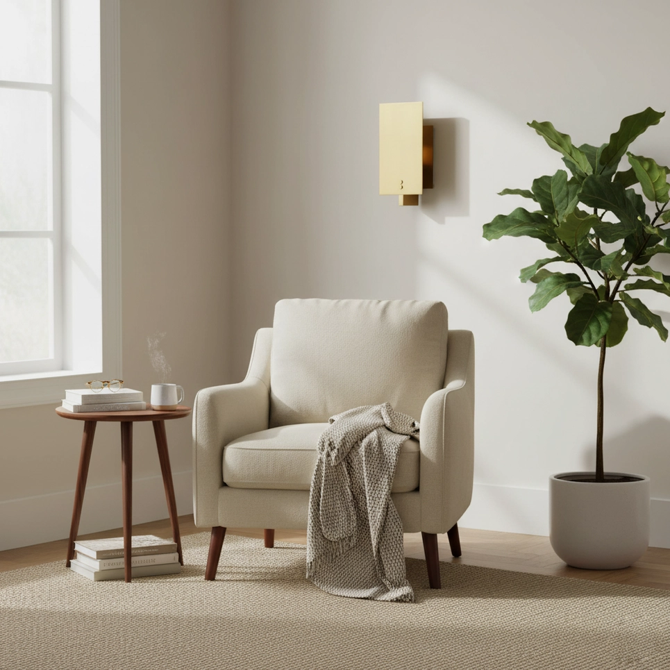 Kyren brass wall sconce installed in modern living room beside armchair and potted plant accent lighting