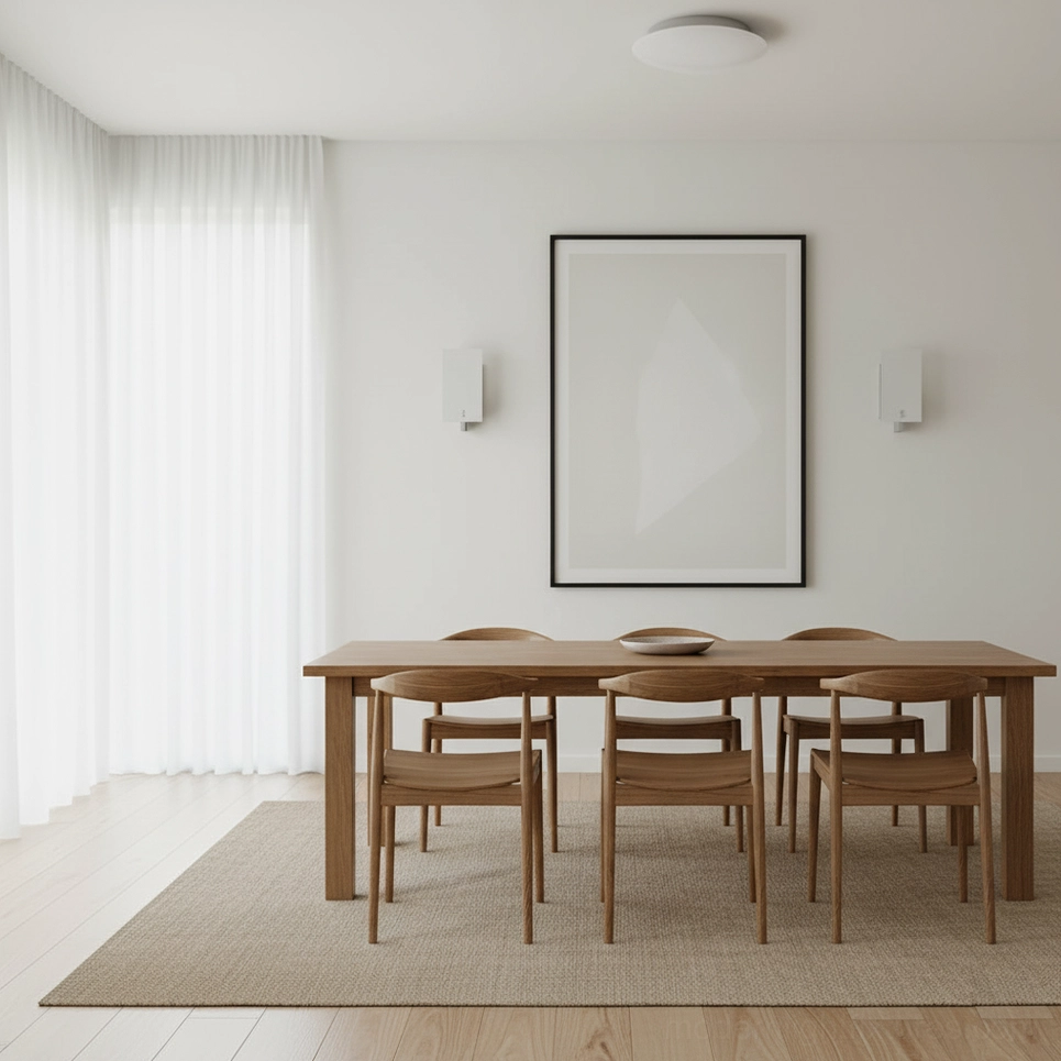 Kyren minimalist wall sconces providing ambient lighting in neutral dining room space contemporary design