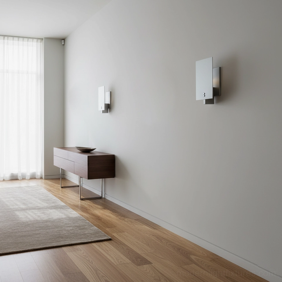 Modern minimalist wall sconces in residential hallway creating rhythmic accent lighting down hallway