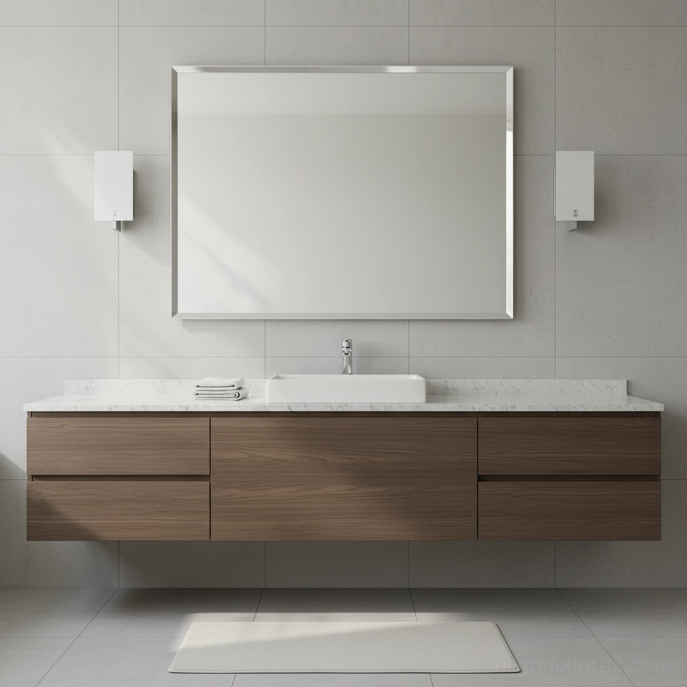 Pair of Kyren geometric wall sconces flanking rectangular mirror in contemporary bathroom vanity area