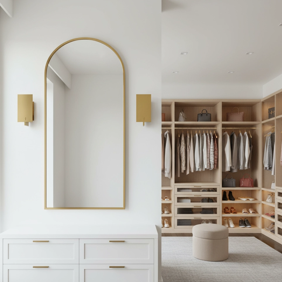 Pair of Kyren wall sconces flanking gold mirror in contemporary walk-in wardrobe closet vanity