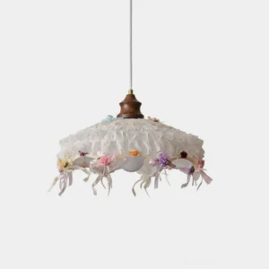 Lacelune Lace Pendant Light with ruffled white fabric, pearl beads, and floral trim on ash wood stem - front studio view