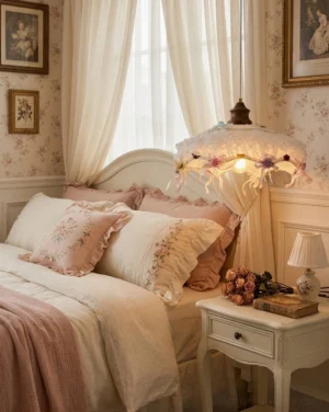 Romantic lace pendant light hanging in vintage bedroom with warm neutral decor and botanical elements
