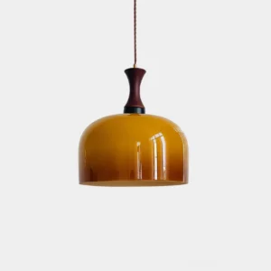 Lacey amber glass pendant light with walnut wood neck - front view studio photography showing mid-century modern design