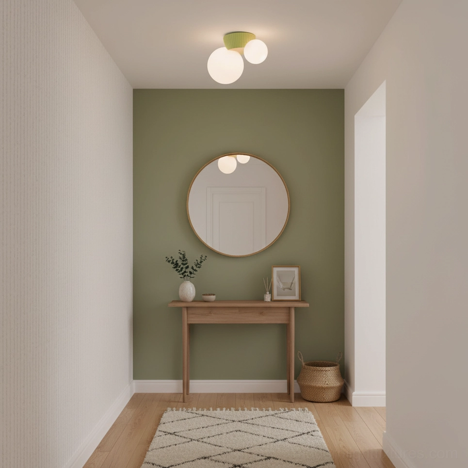 Land ceiling light with black ribbed base in warm retro decorated hallway with console table