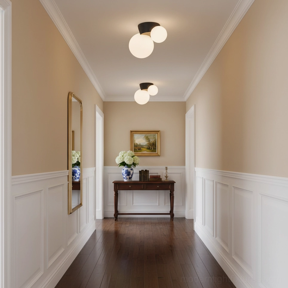 Land black ceiling fixture in minimalist narrow hallway with sleek contemporary design
