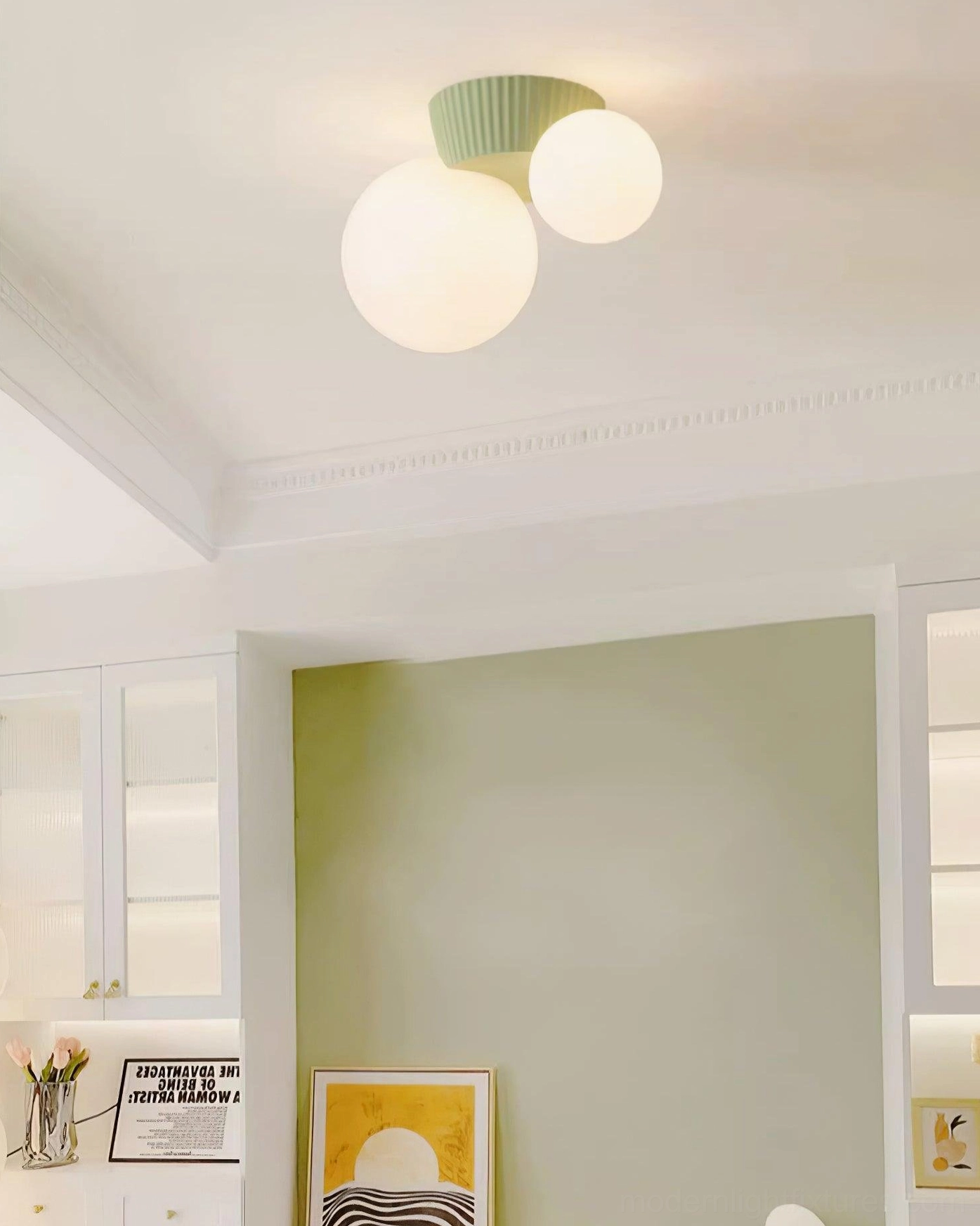 Land modern ceiling light with green ribbed base in minimalist retro residential space