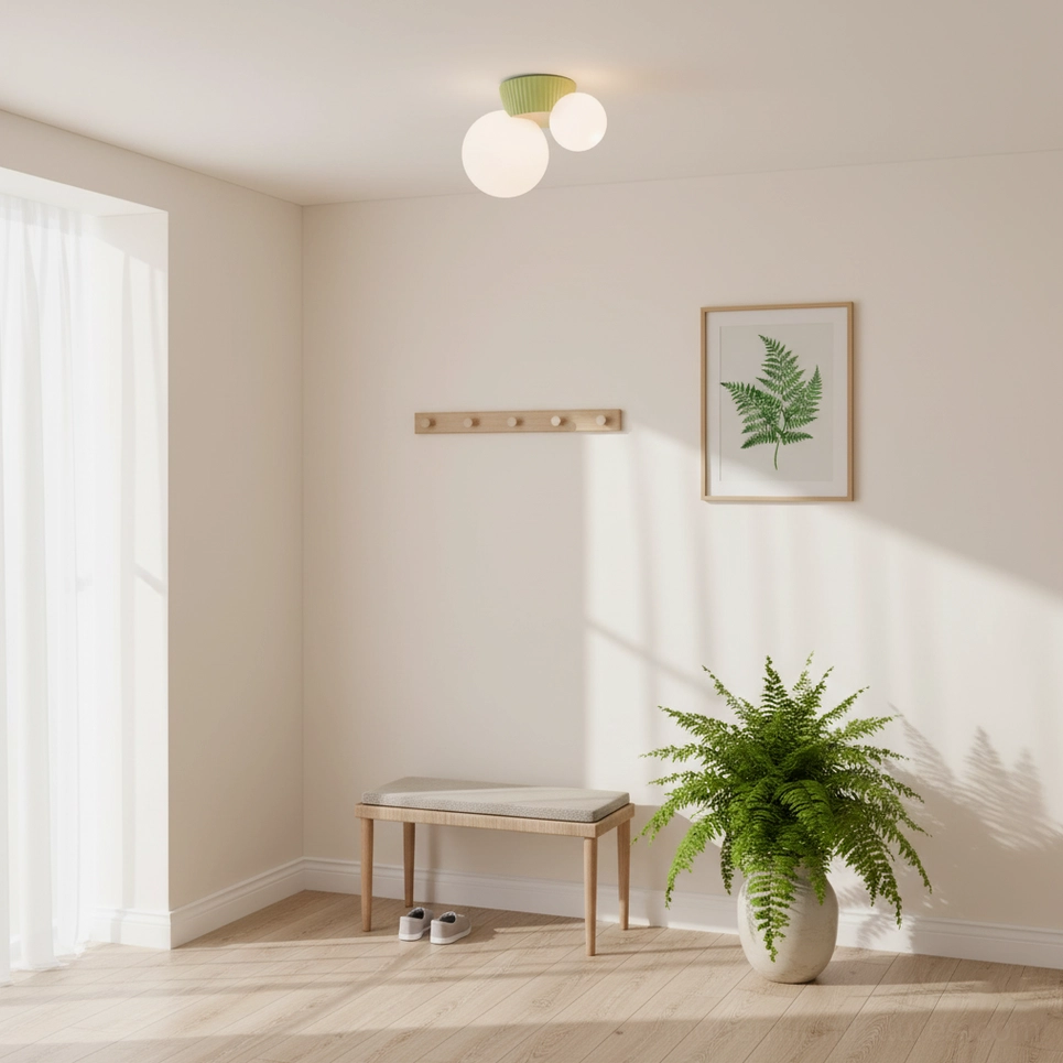 Land modern ceiling fixture with frosted glass shade and ribbed resin base in contemporary interior