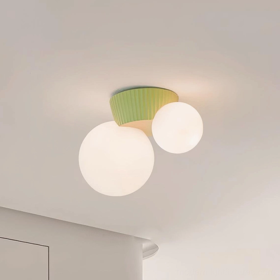Land textured resin ceiling light with dual-globe configuration in warm residential interior