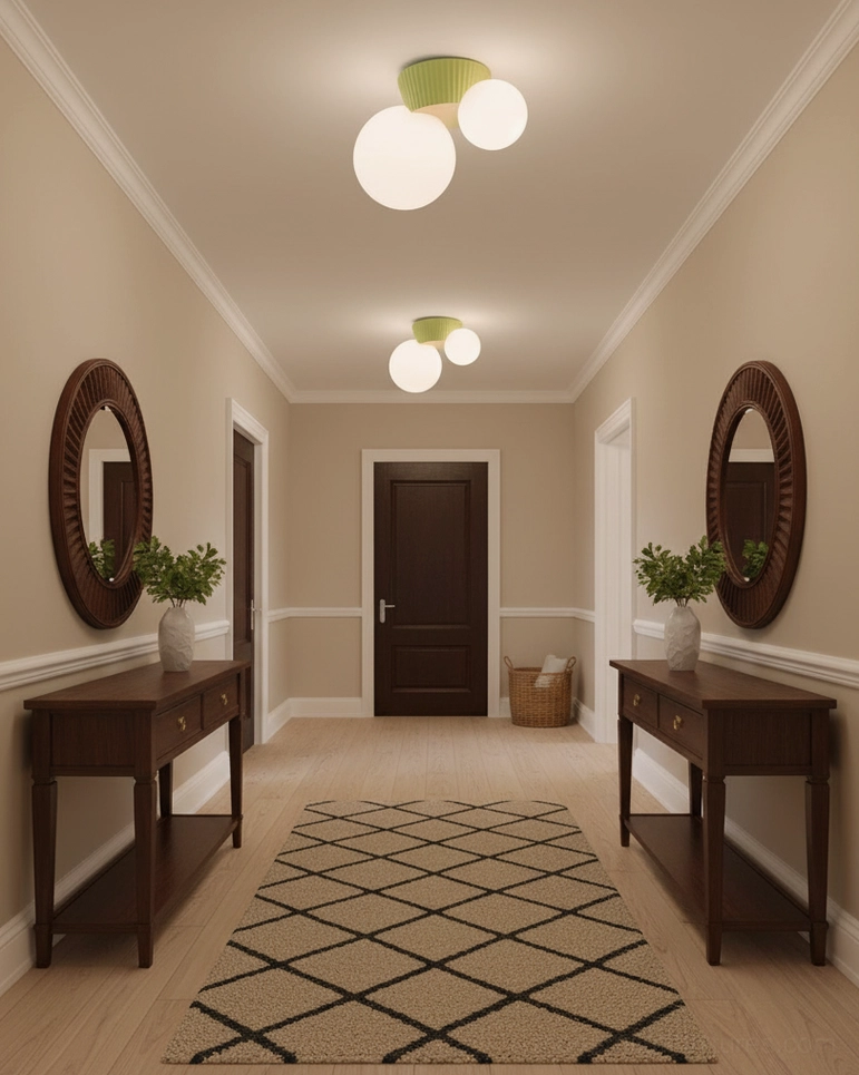 Land dual-globe ceiling fixture with green base and mid-century modern styling in residential hallway